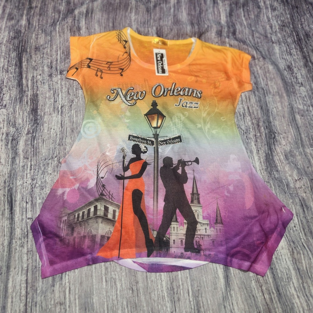 Maxi & Co‎ New Orleans Jazz Shirt Women's Rhinestone Sequins Graphic Tee Medium